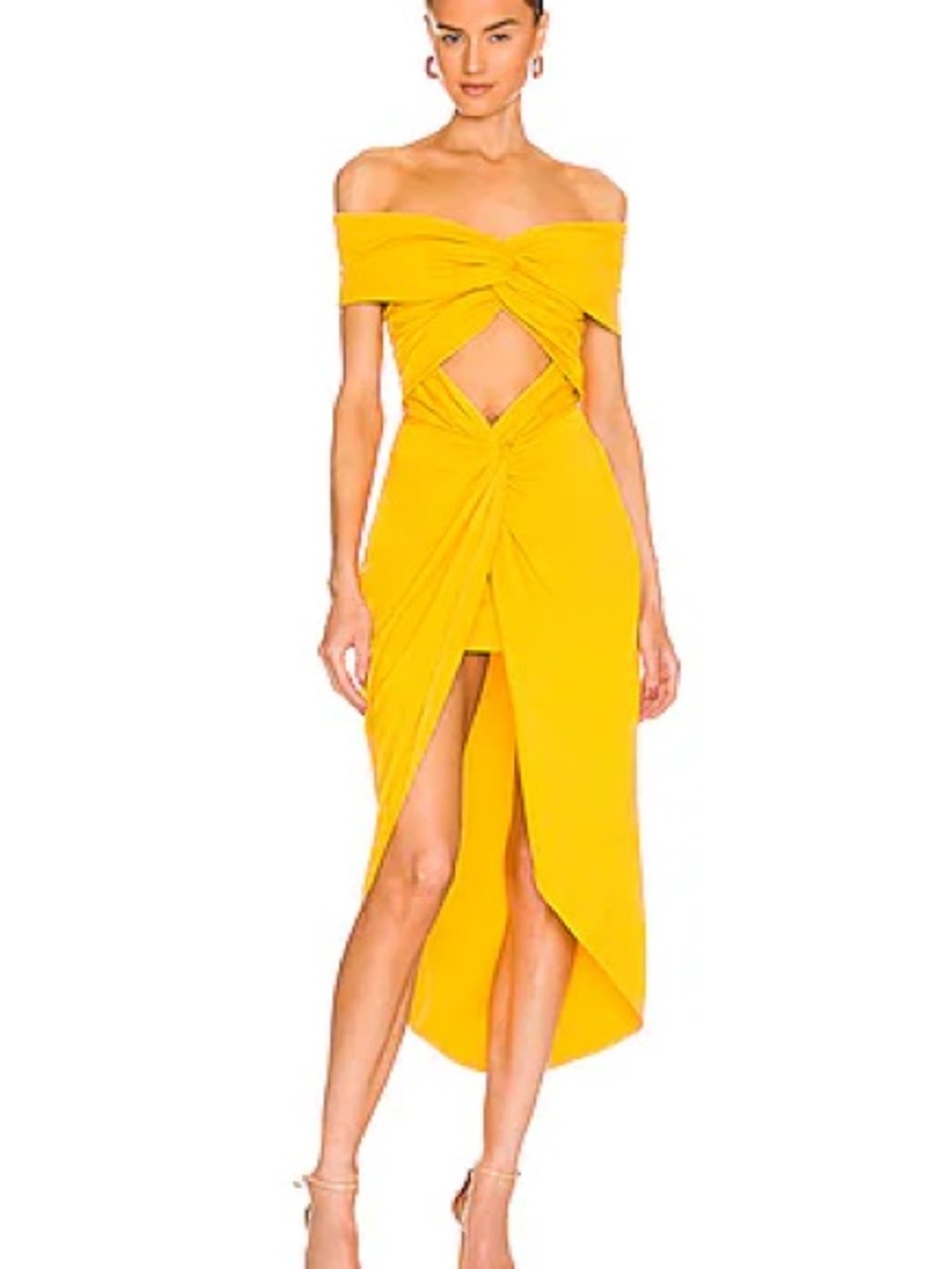 Bright Yellow Off-Shoulder High-Low Dress with Front Cutout